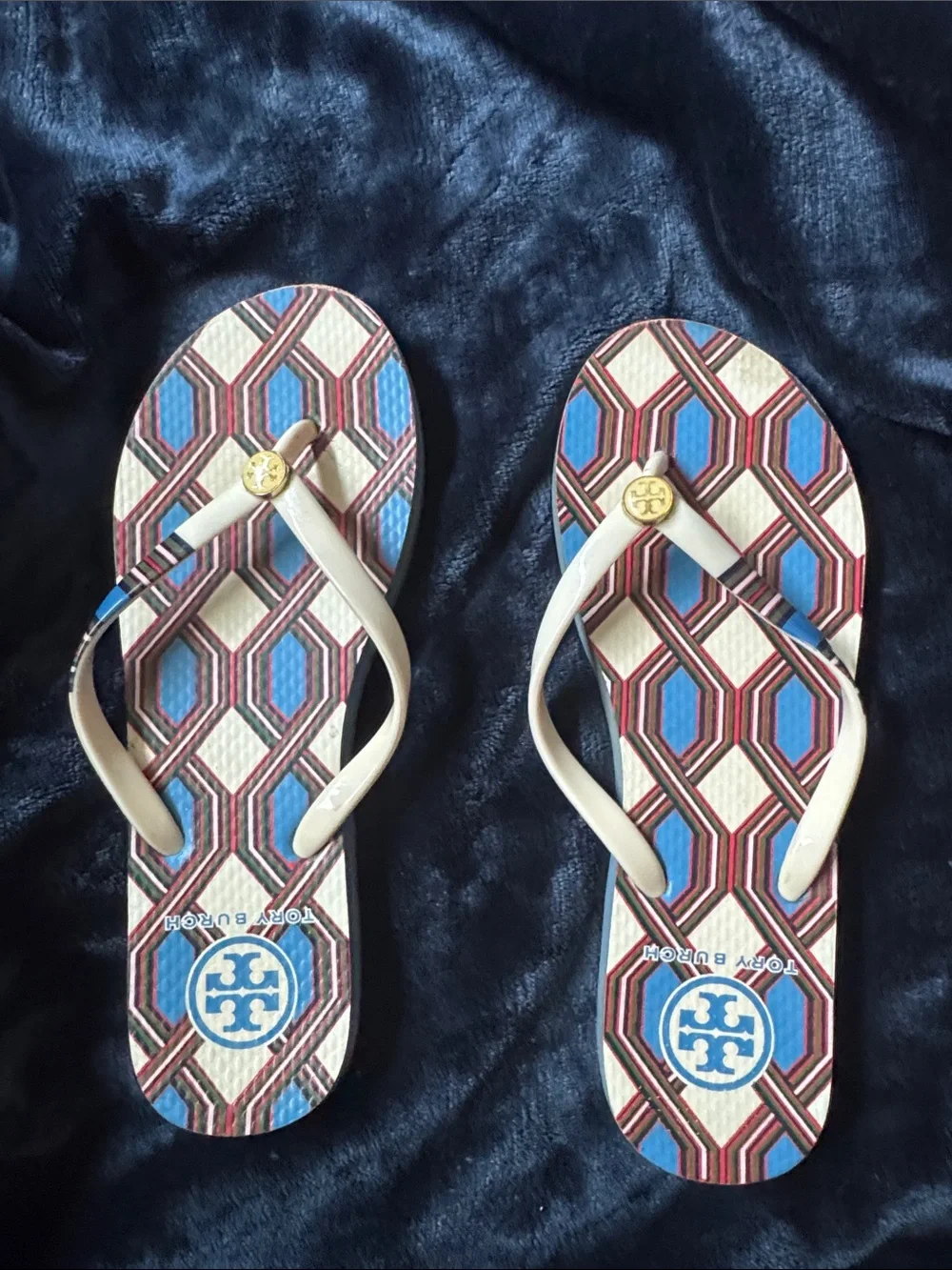 Tory Burch Blue, Cream and Red Geometric Logo Flip Flops